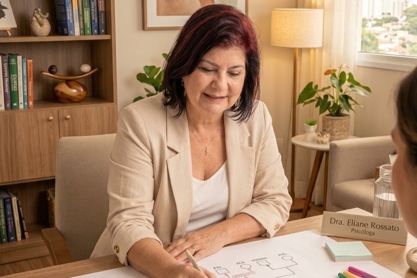 Eliane Rossato fazendo anotações com caneta sobre uma folha na mesa do consultório